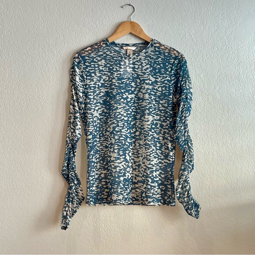 H&M Blue and White Fitted Long Sleeve Sheer Blouse